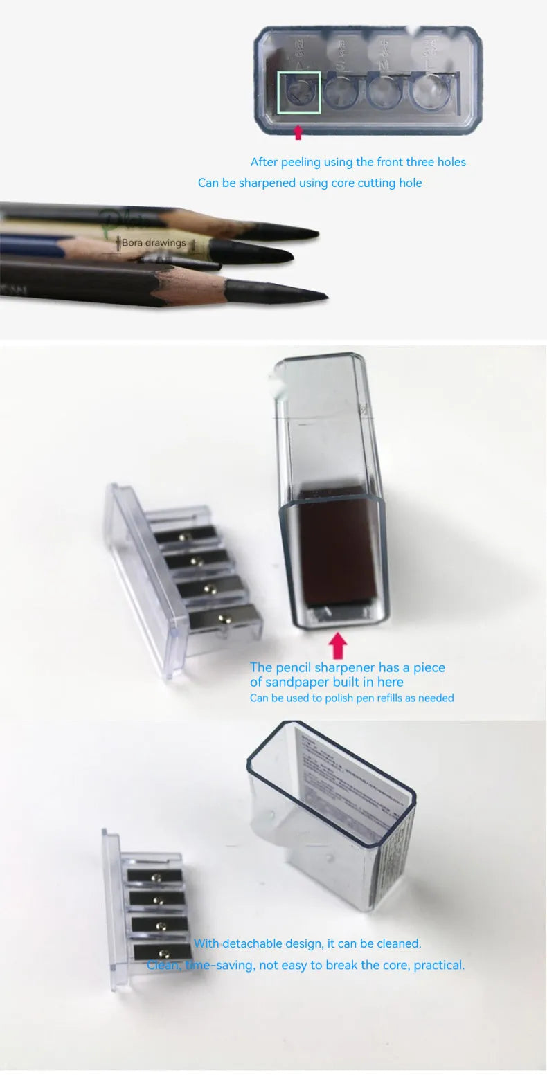 Geometric plastic pencil sharpener with four holes and screwdriver for art supplies
