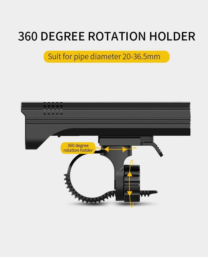 Black KX12DF digital display bicycle headlight on a 360-degree rotating mount with USB cable.
