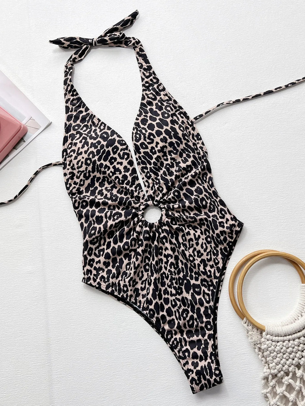 Leopard print women's one-piece swimsuit with hollow-out ring bikini design details