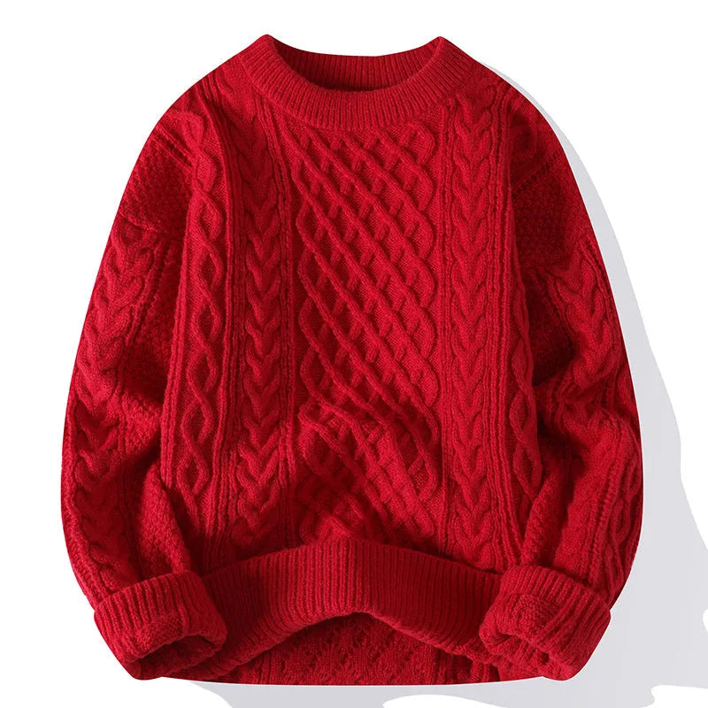 Men's twist knit sweater in Vinylon fibre, shown in one of seven colours, sizes M to 3XL.