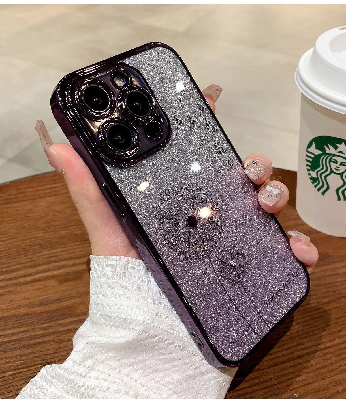 Dandelion gradient glitter silicone phone case for iPhone 14 Pro Max with purple electroplated finish and transparent base