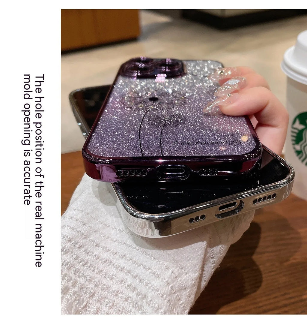 Dandelion gradient glitter silicone phone case for iPhone 14 Pro Max with purple electroplated finish and transparent base