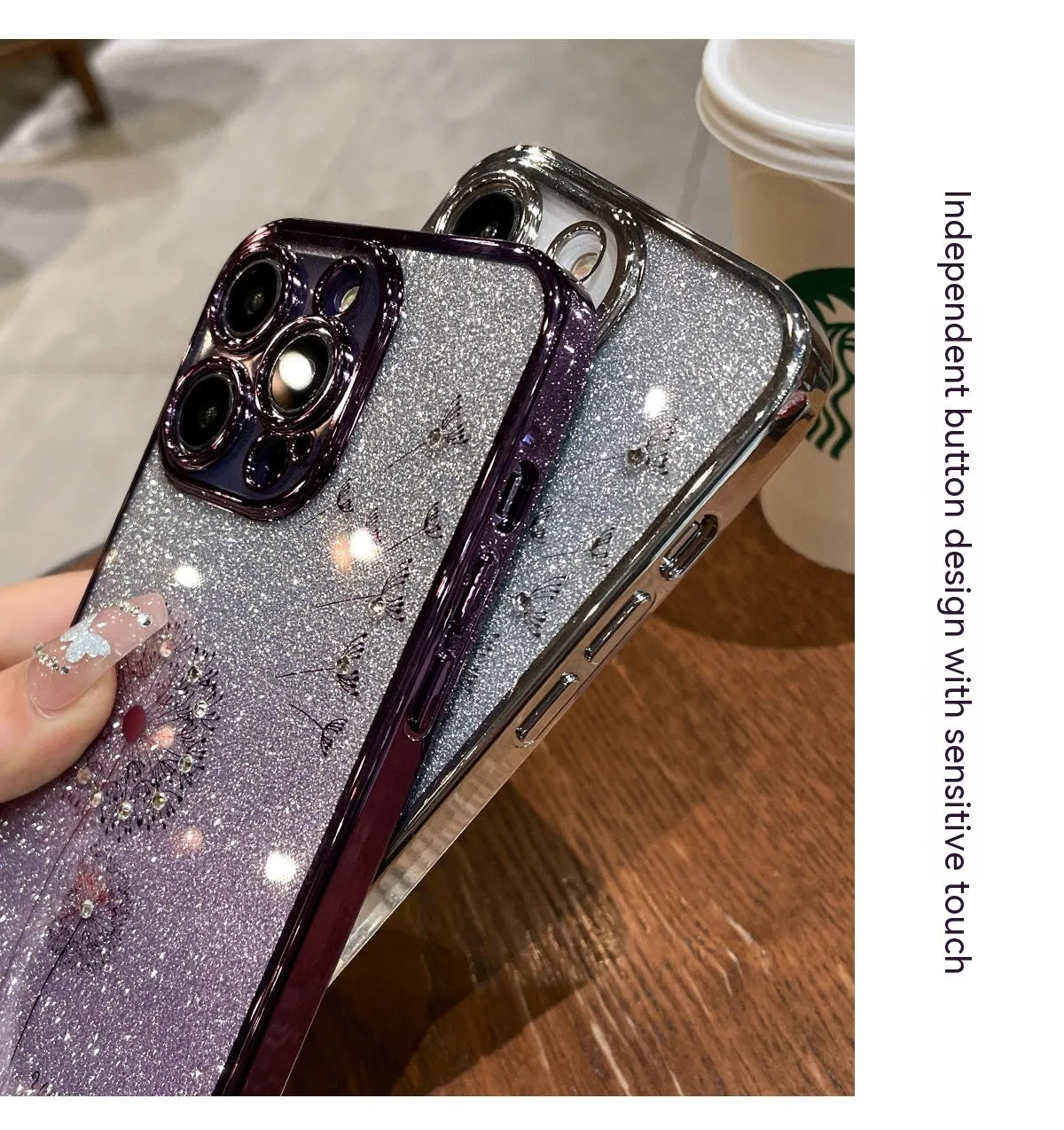 Dandelion gradient glitter silicone phone case for iPhone 14 Pro Max with purple electroplated finish and transparent base
