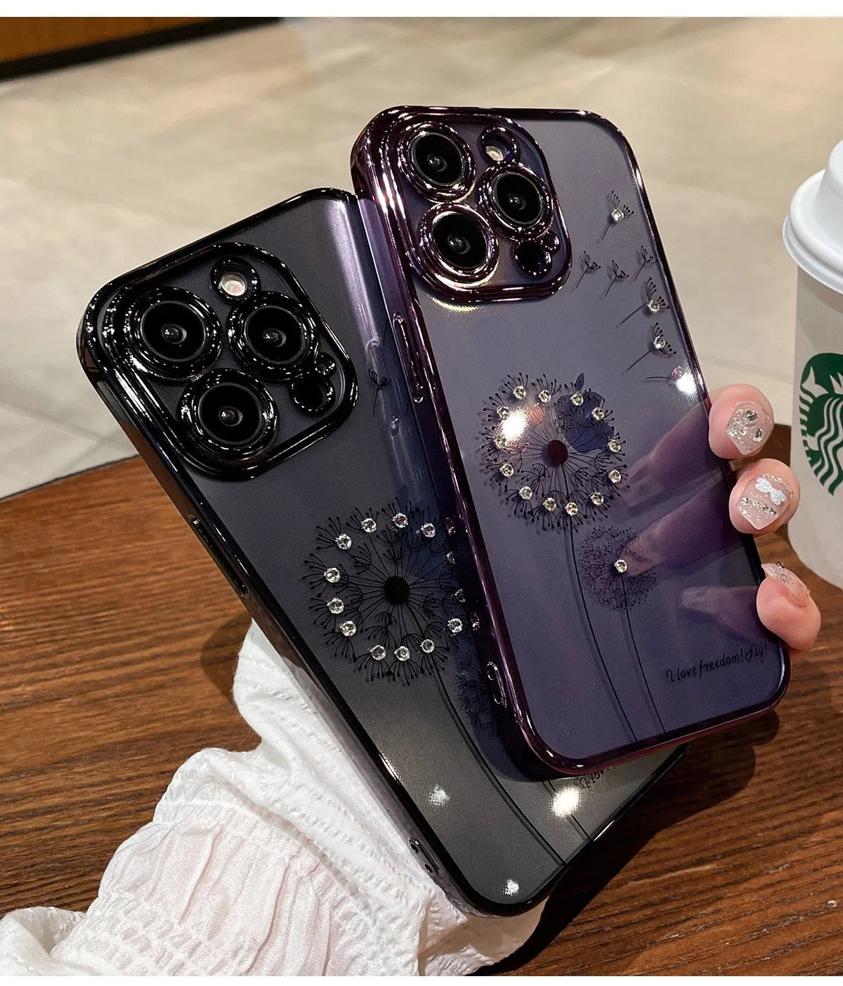 Dandelion gradient glitter silicone phone case for iPhone 14 Pro Max with purple electroplated finish and transparent base