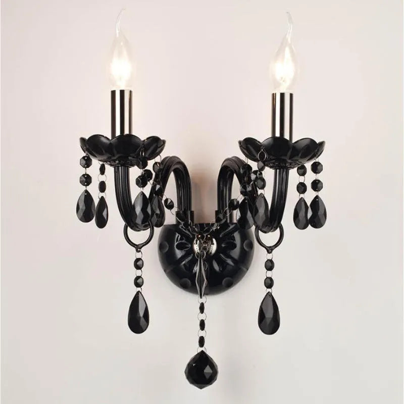 European double-head crystal wall lamp in black finish, 340mm diameter by 430mm height, for living room or dining room