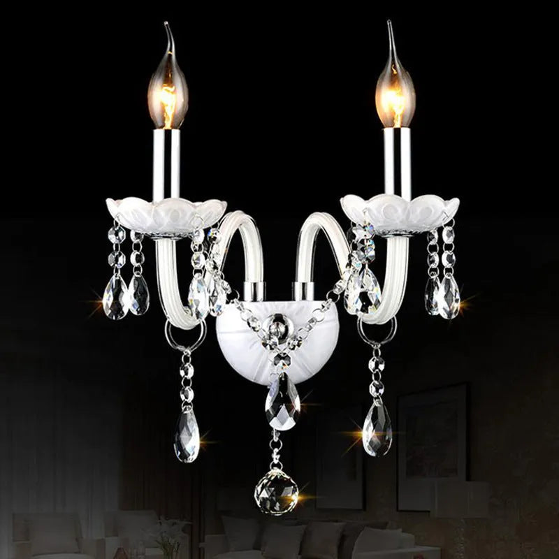 European double-head crystal wall lamp in black finish, 340mm diameter by 430mm height, for living room or dining room