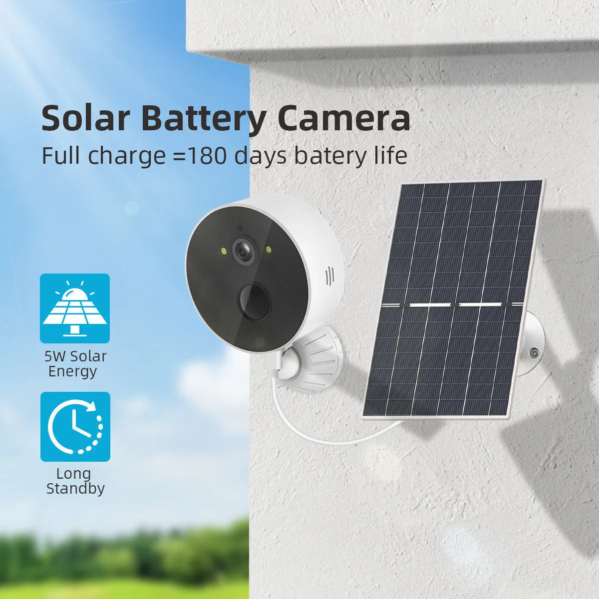 Solar-powered outdoor security camera with 1080P resolution and separate solar panel