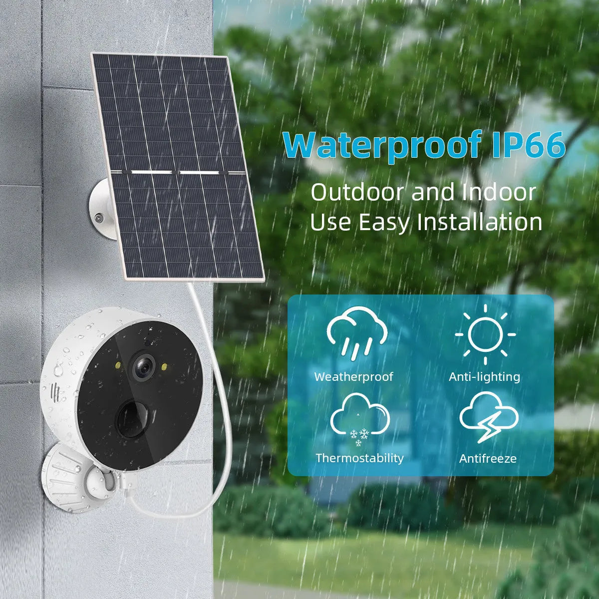 Solar-powered outdoor security camera with 1080P resolution and separate solar panel