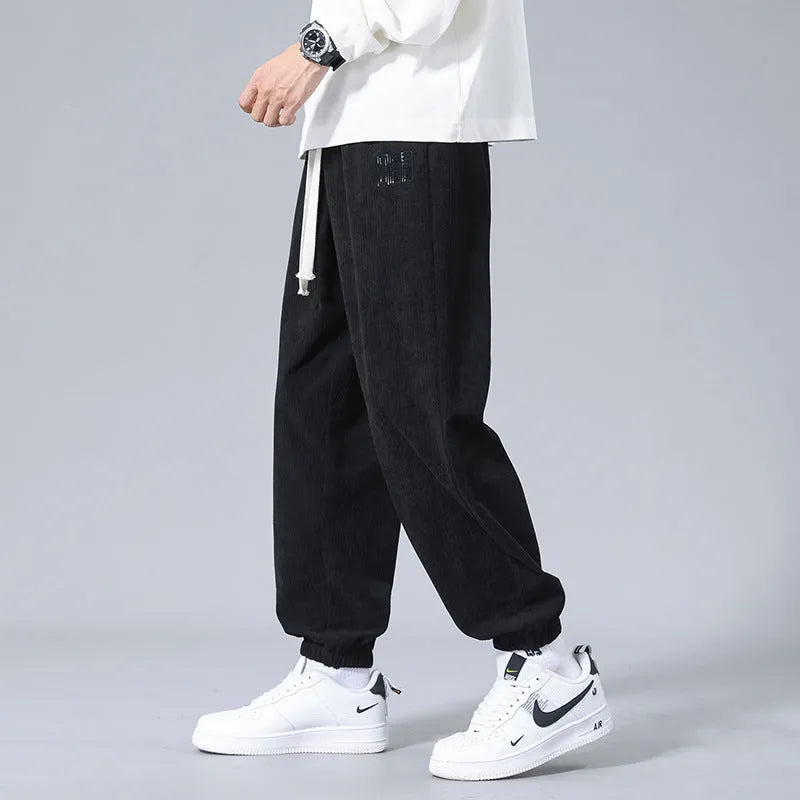 Men's workwear casual sports trousers in polyester fibre with letter print, available in black, dark gray, and khaki