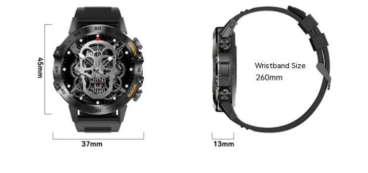 Bluetooth smart watch with colour options including black, silver steel, and orange on an IPS display.