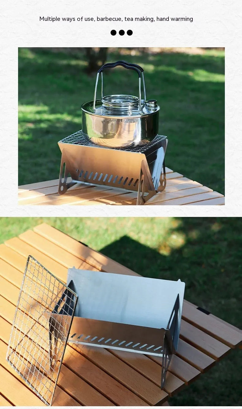 Folding stainless steel barbecue oven with charcoal grill for outdoor cooking