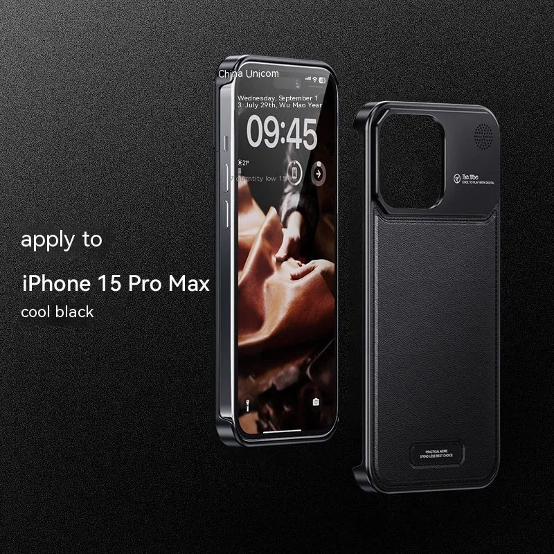 Black aluminium alloy metal half-pack phone case for Apple iPhone on a clean surface showing machined texture