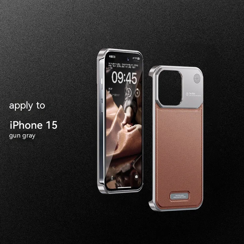 Black aluminium alloy metal half-pack phone case for Apple iPhone on a clean surface showing machined texture