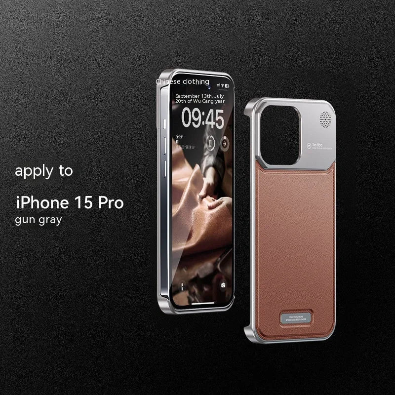 Black aluminium alloy metal half-pack phone case for Apple iPhone on a clean surface showing machined texture