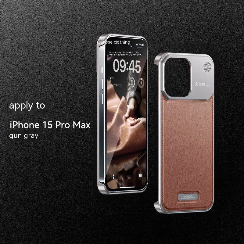 Black aluminium alloy metal half-pack phone case for Apple iPhone on a clean surface showing machined texture