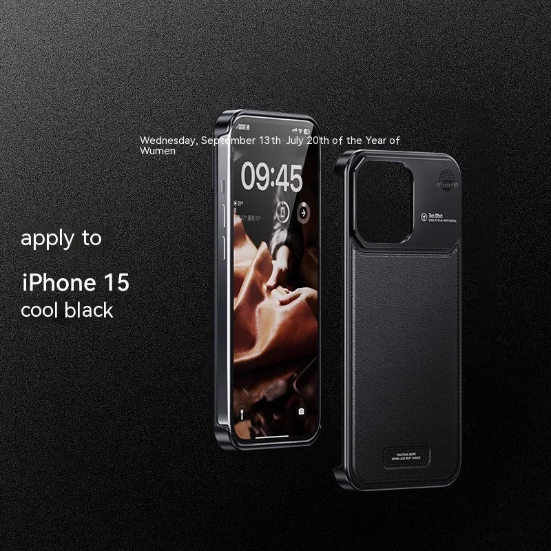 Black aluminium alloy metal half-pack phone case for Apple iPhone on a clean surface showing machined texture