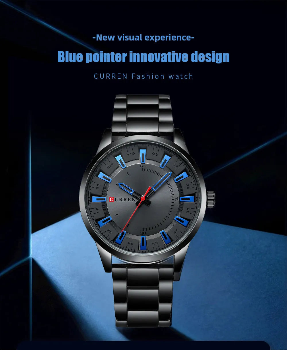 Men's business quartz watch with silver stainless steel strap and blue white scale dial on wrist