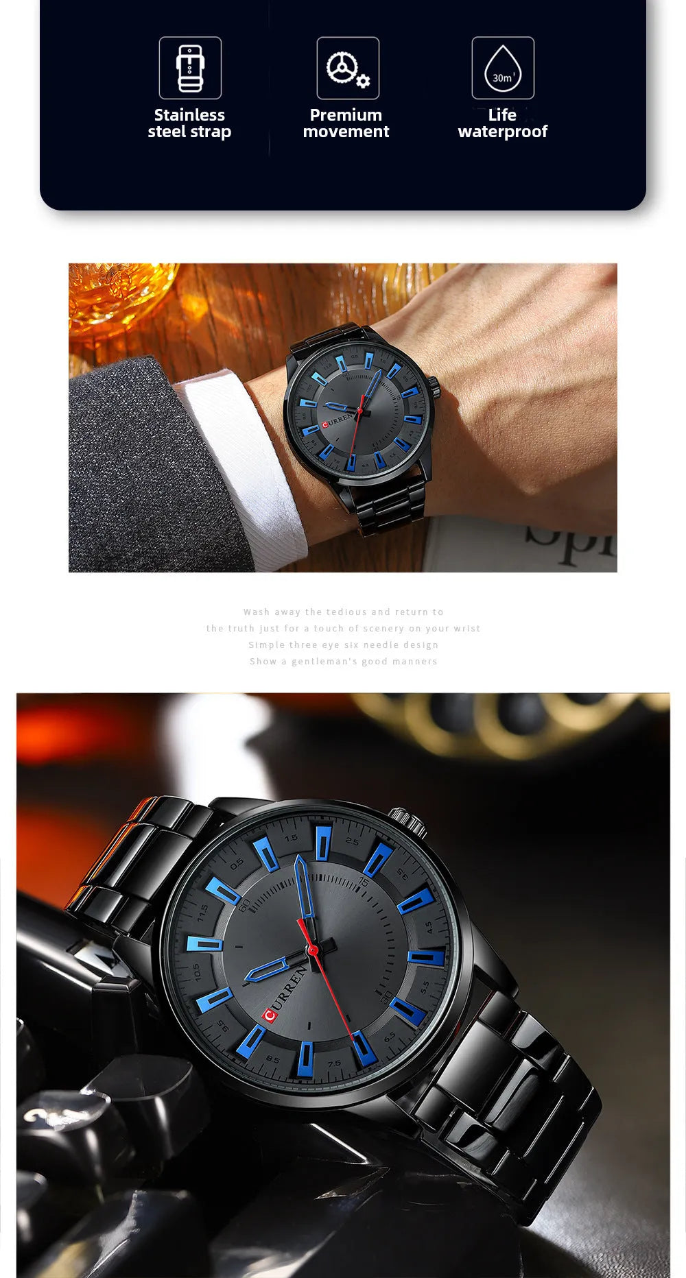 Men's business quartz watch with silver stainless steel strap and blue white scale dial on wrist