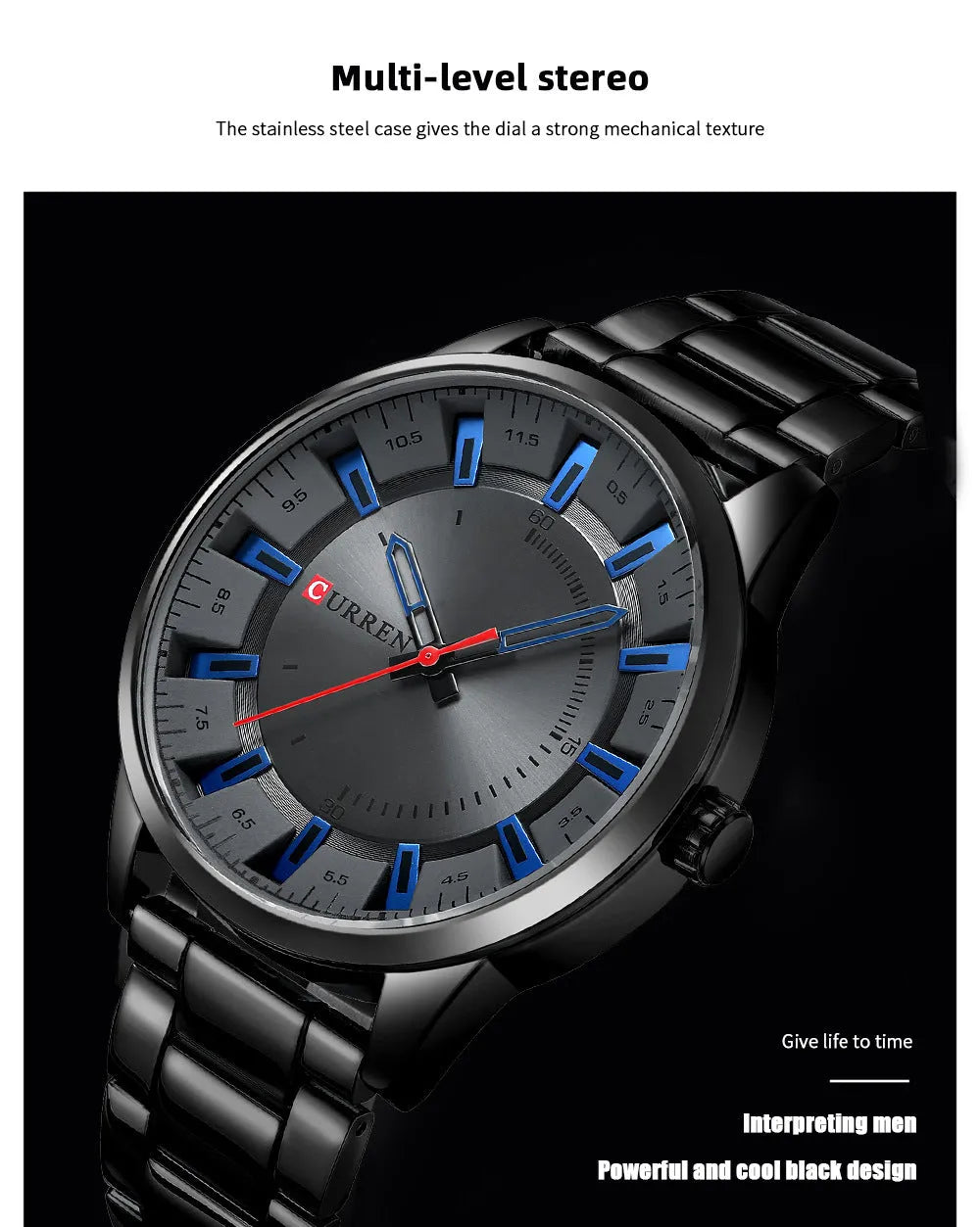 Men's business quartz watch with silver stainless steel strap and blue white scale dial on wrist