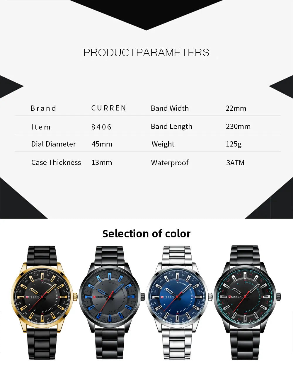 Men's business quartz watch with silver stainless steel strap and blue white scale dial on wrist