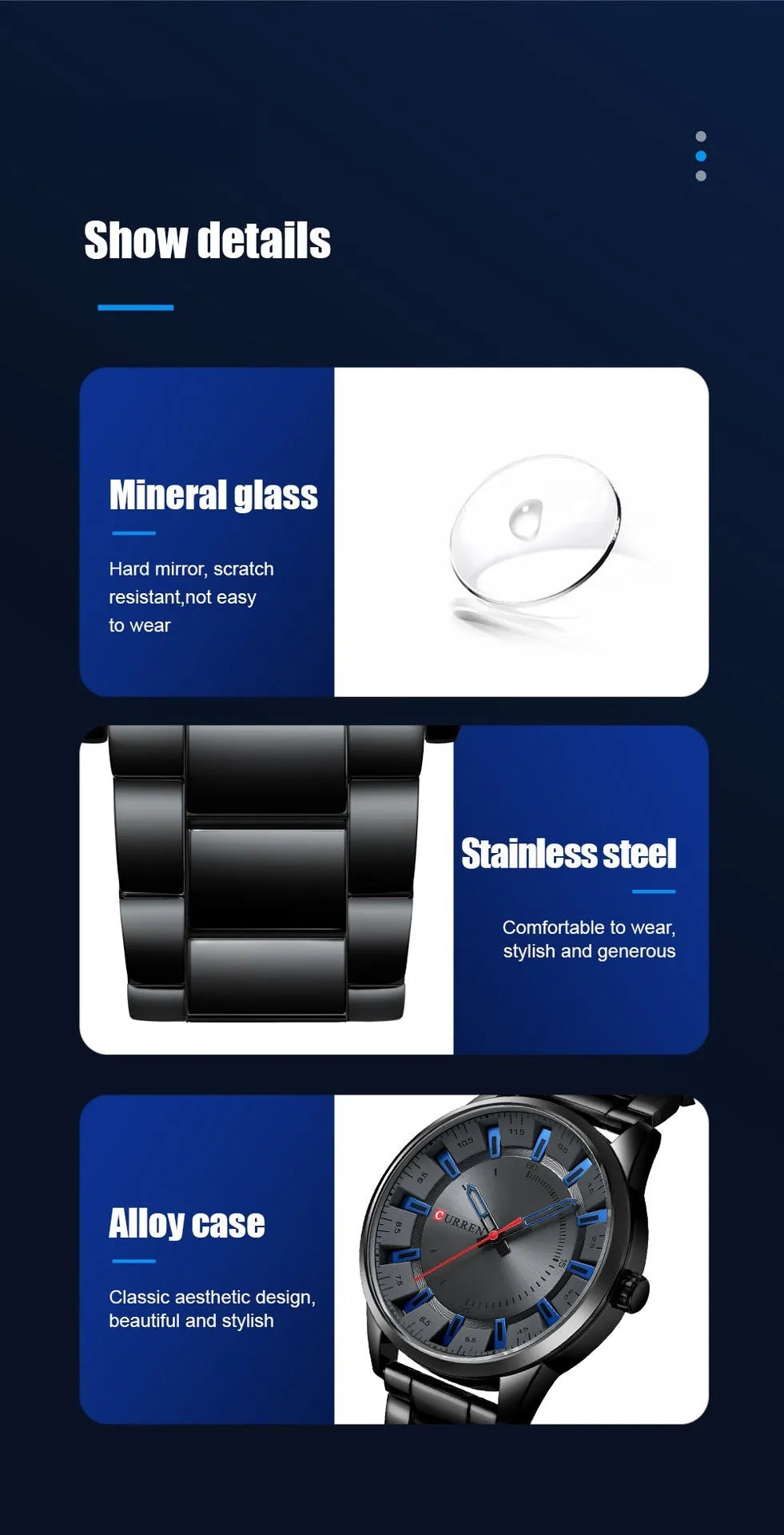 Men's business quartz watch with silver stainless steel strap and blue white scale dial on wrist