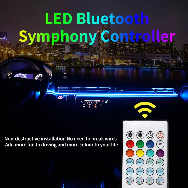 Car interior RGB ambience lighting strips with remote control and aluminium alloy construction