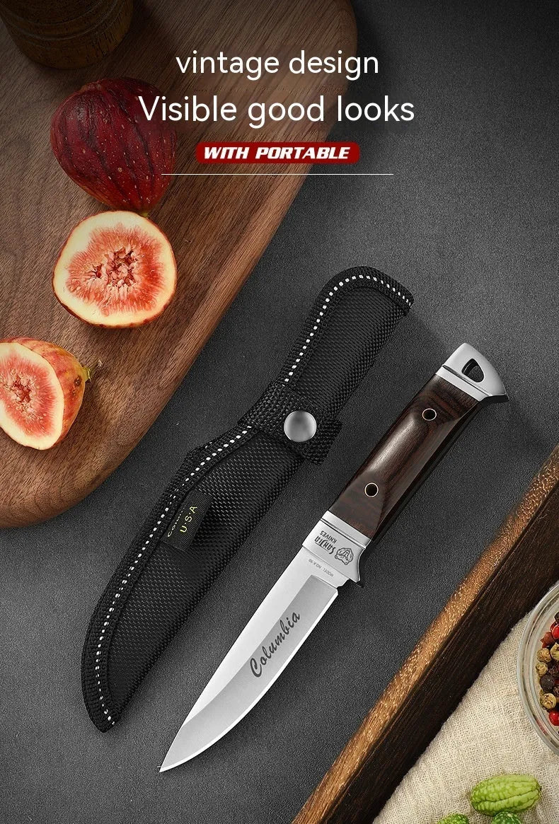 Camping multifunctional portable fruit knife with leather sheath, national style stainless steel blade