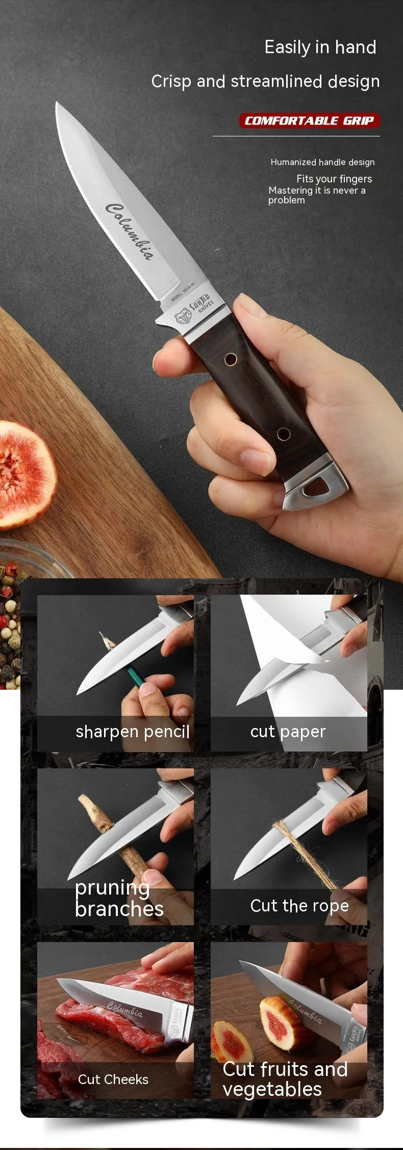 Camping multifunctional portable fruit knife with leather sheath, national style stainless steel blade