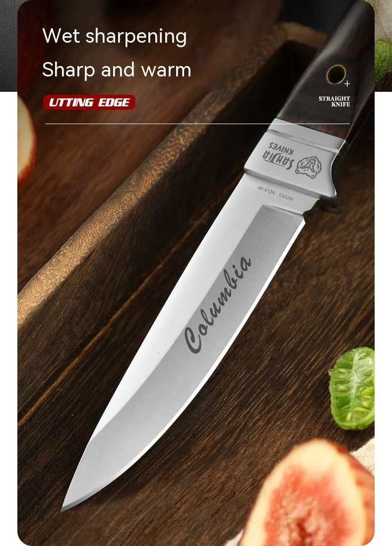 Camping multifunctional portable fruit knife with leather sheath, national style stainless steel blade