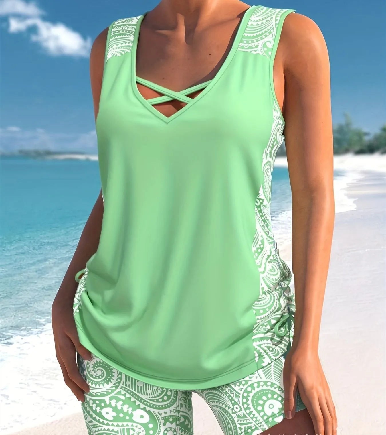 Women's printed split boxer swimsuit set shown in a choice of colours including black, navy, light green, and a print.