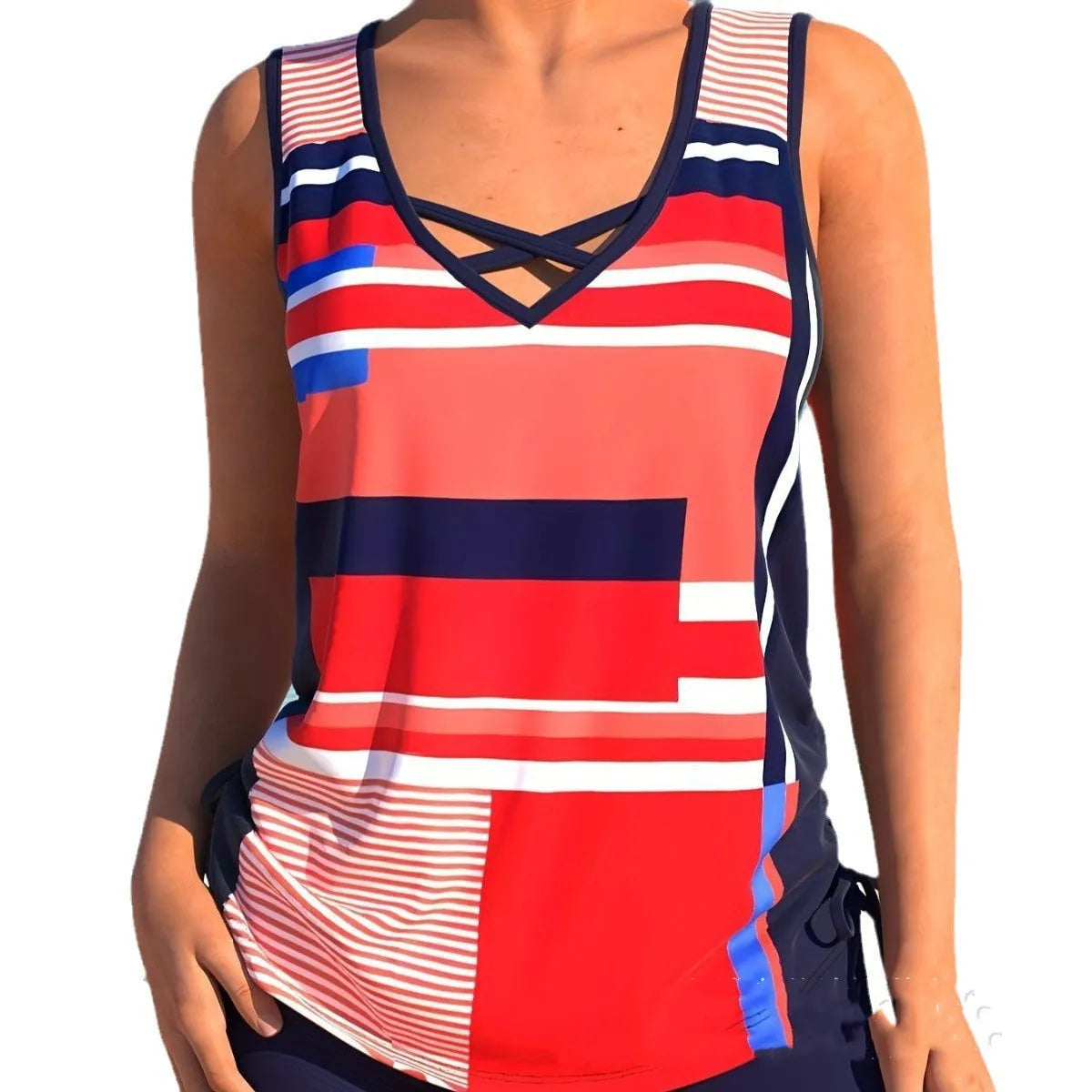 Women's printed split boxer swimsuit set shown in a choice of colours including black, navy, light green, and a print.