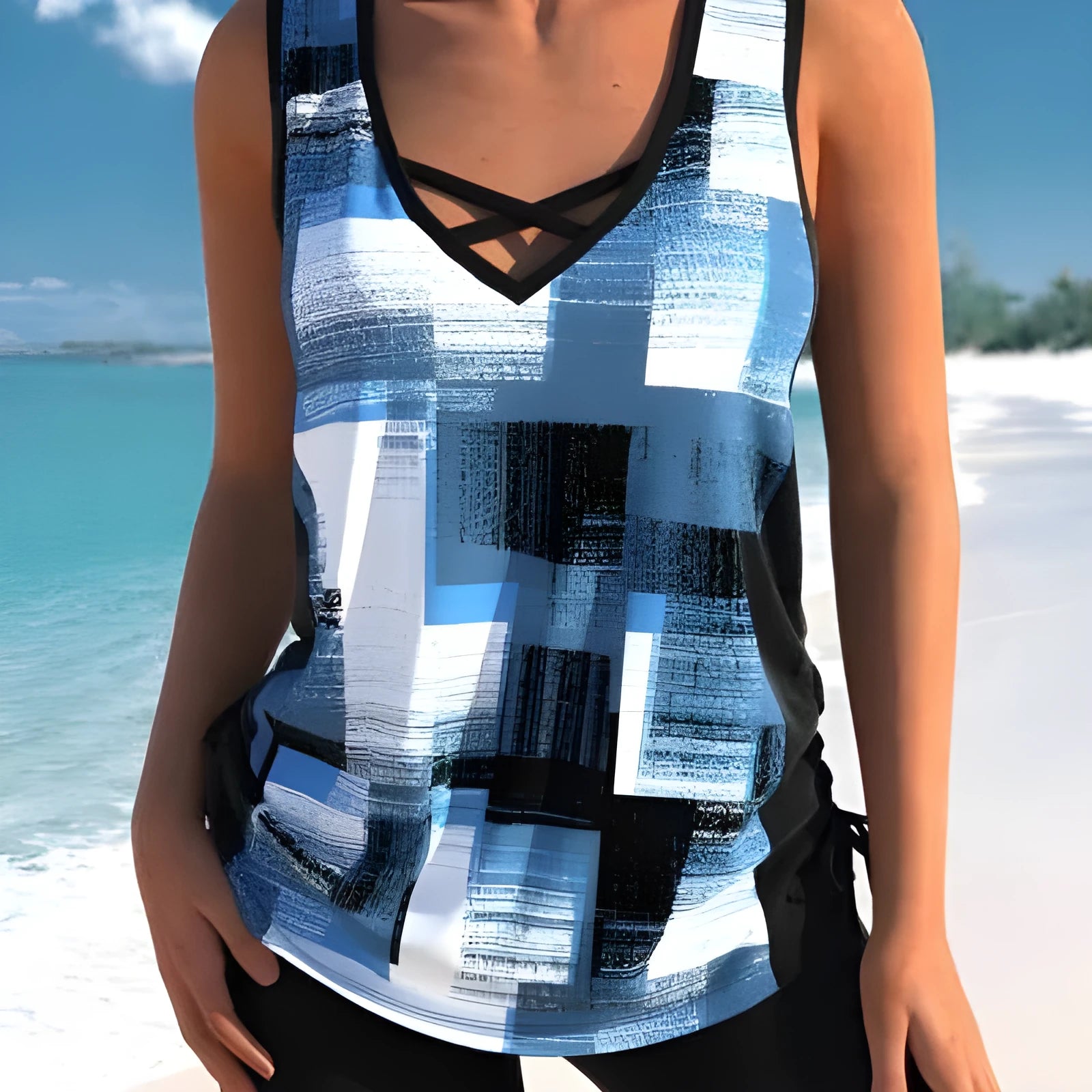 Women's printed split boxer swimsuit set shown in a choice of colours including black, navy, light green, and a print.