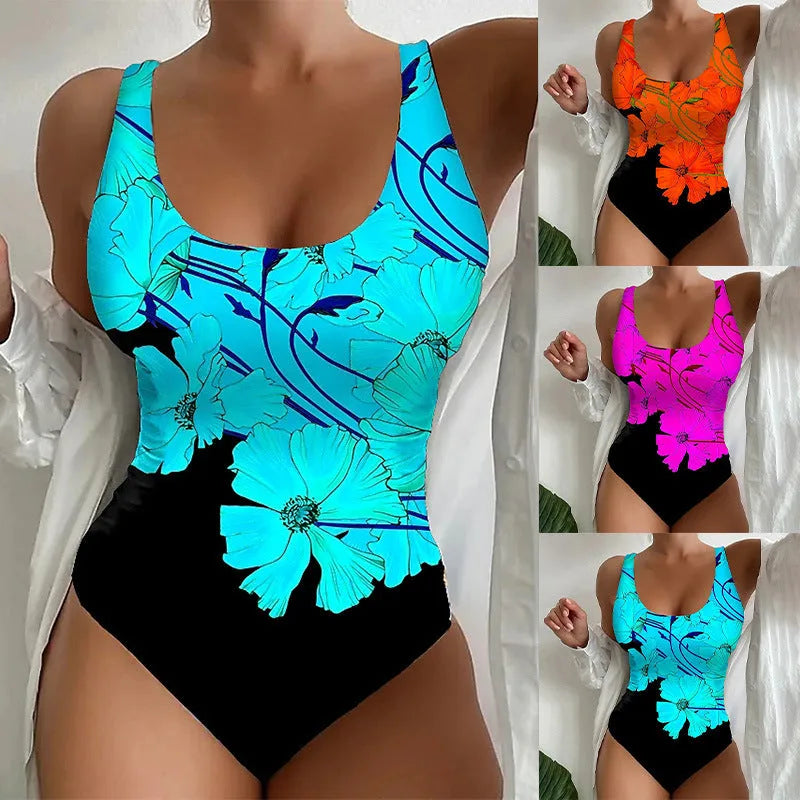 Women's tight-fitting 3D printed one-piece swimsuit in orange red, sky blue, or purple.
