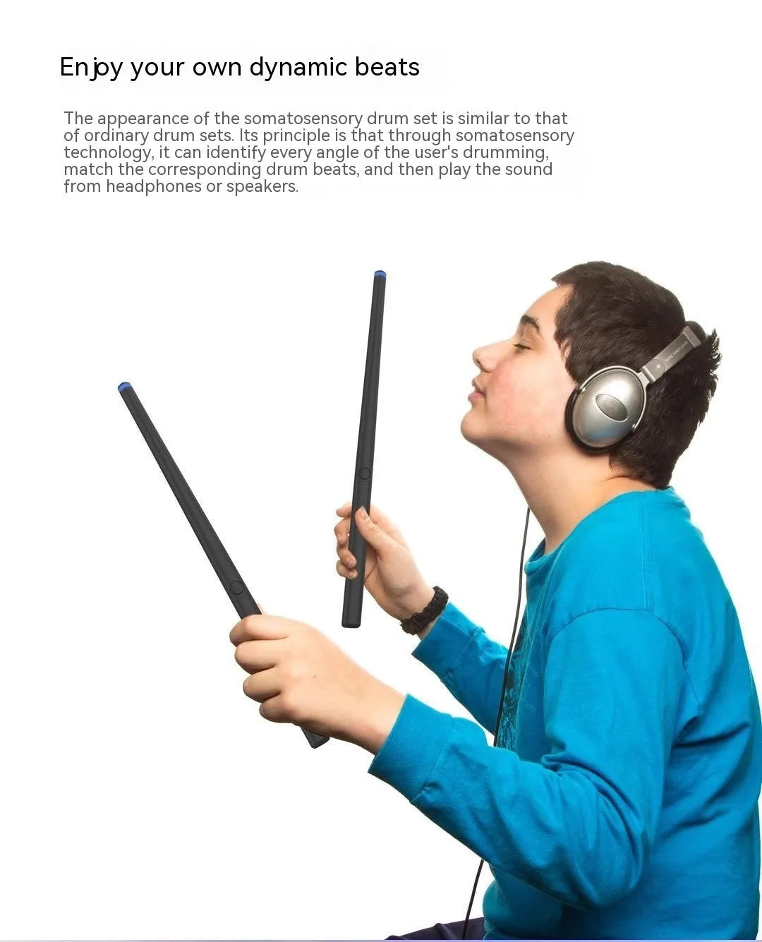 Black wireless air drum kit with two drumsticks and LED lighting indicators