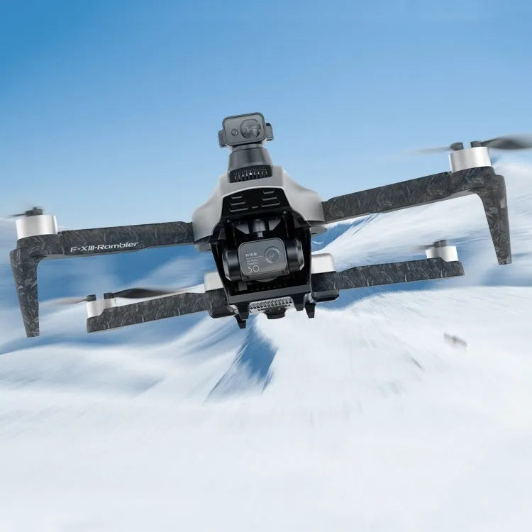 White folding quadcopter drone with camera and obstacle avoidance sensors, shown with remote control and carry bag.