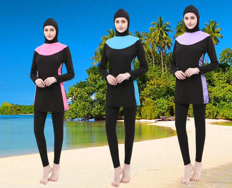 Women's conservative swimsuit with long sleeves and hood in black with contrasting colour accents