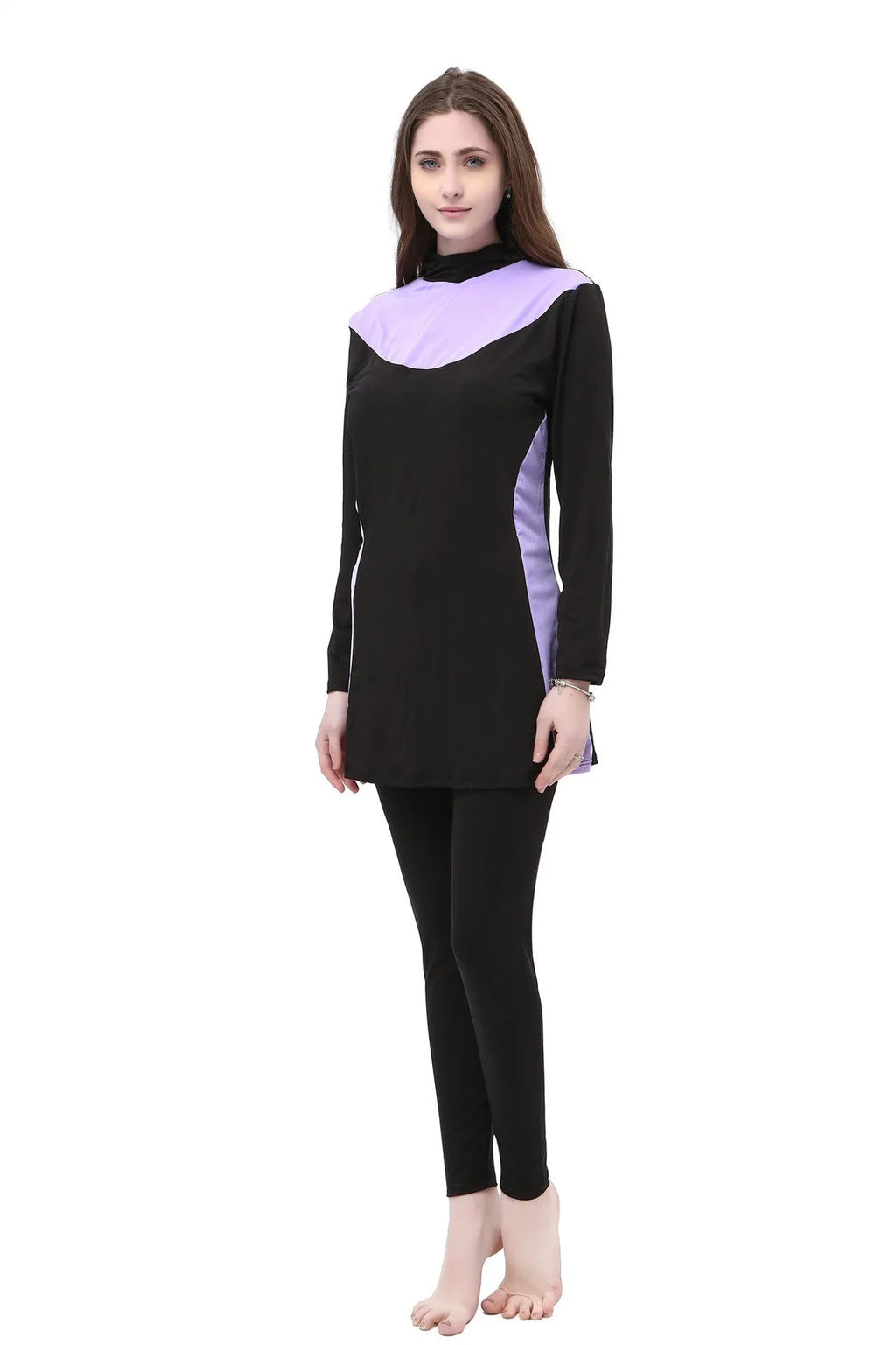 Women's conservative swimsuit with long sleeves and hood in black with contrasting colour accents