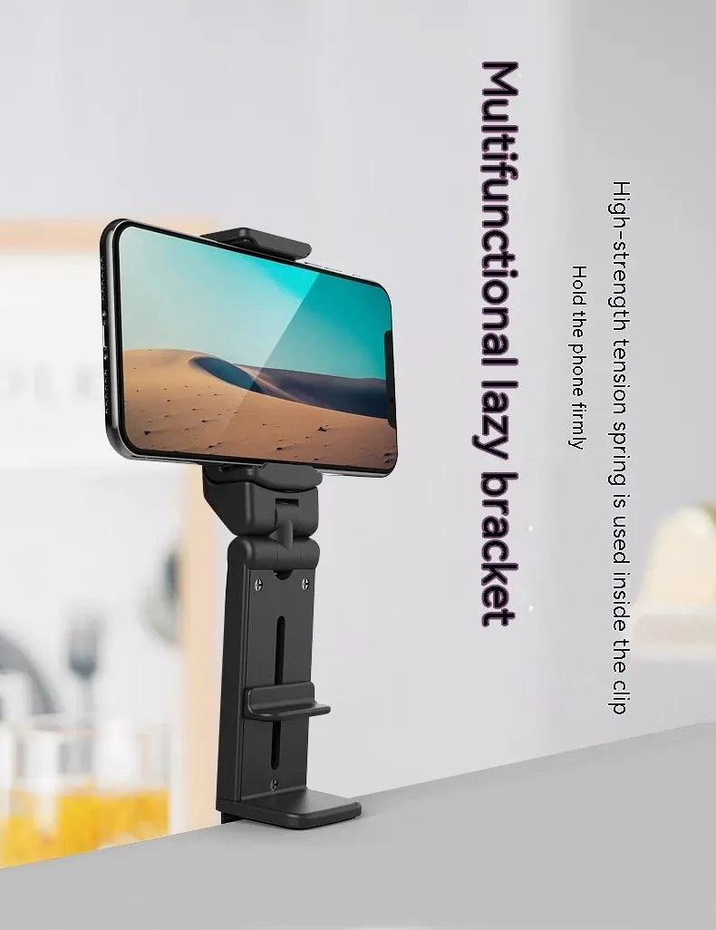 Black ABS foldable mobile phone holder with 360 degree rotation, universal style, for travel and desk use.