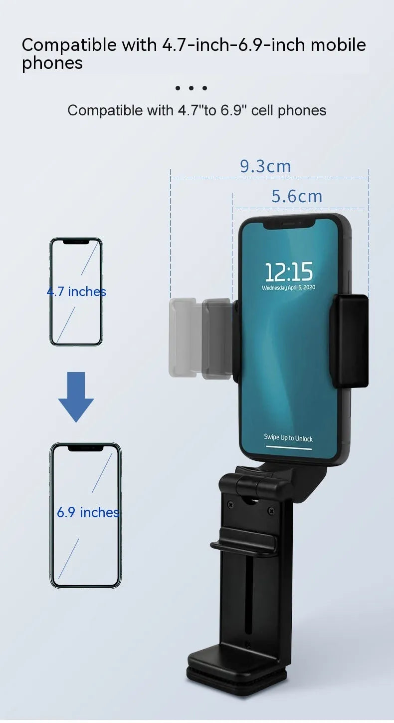 Black ABS foldable mobile phone holder with 360 degree rotation, universal style, for travel and desk use.