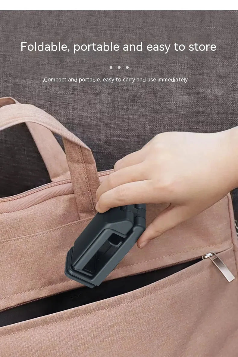 Black ABS foldable mobile phone holder with 360 degree rotation, universal style, for travel and desk use.