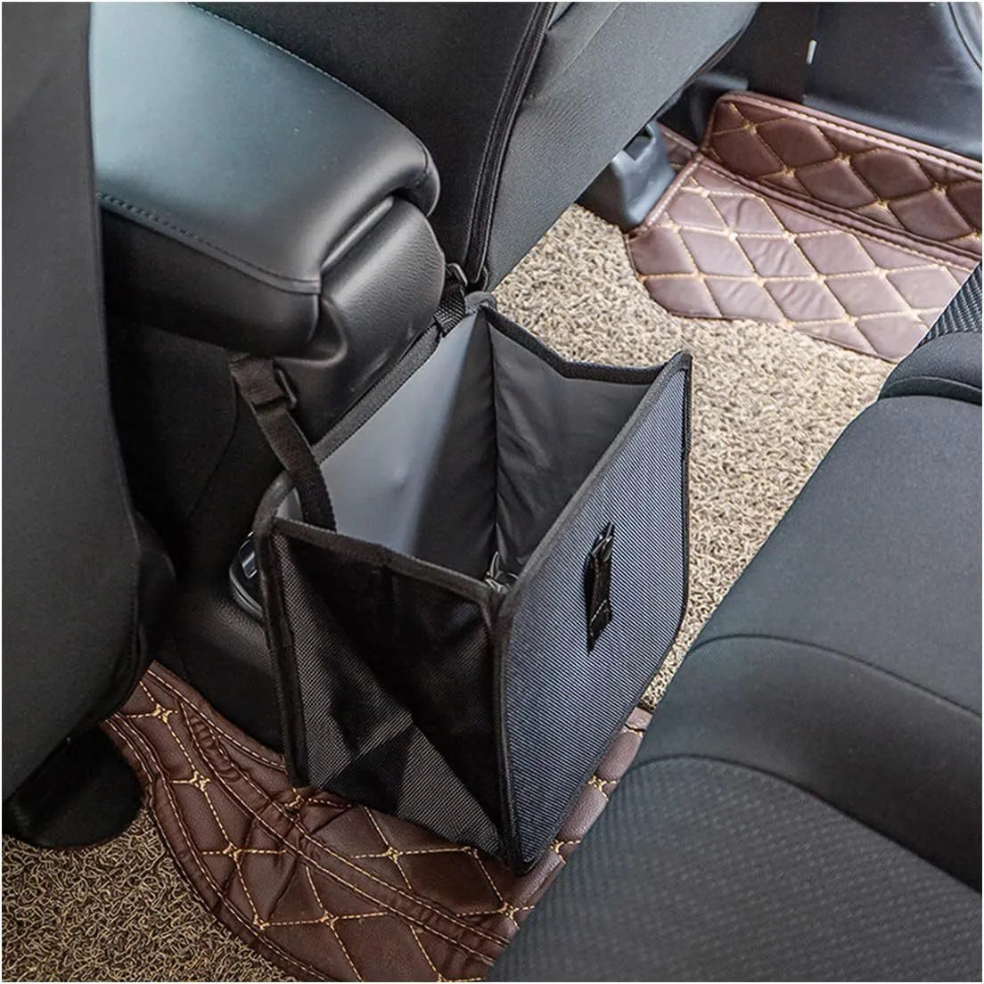 Black folding car trash can made from waterproof Oxford cloth with hanging strap and 22x14.5x22cm dimensions