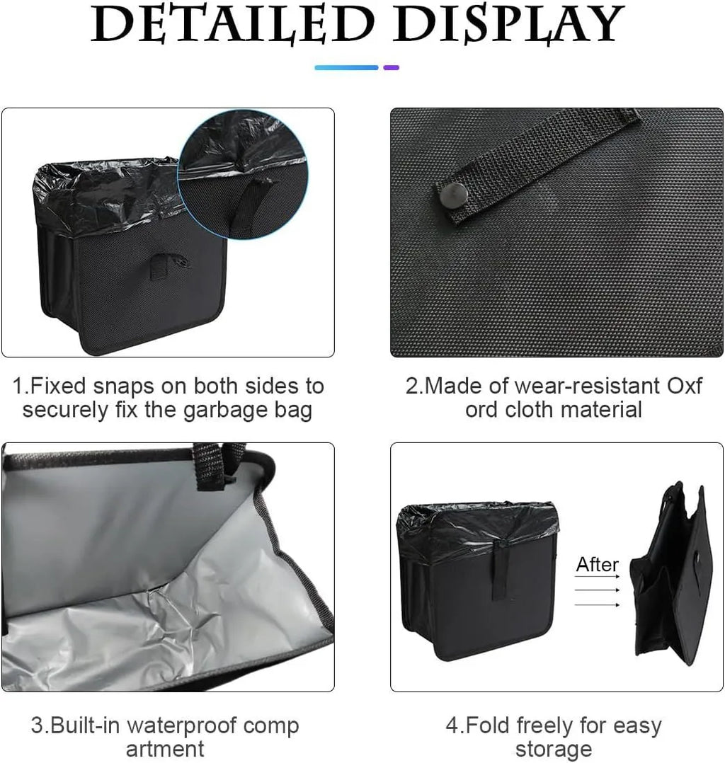 Black folding car trash can made from waterproof Oxford cloth with hanging strap and 22x14.5x22cm dimensions