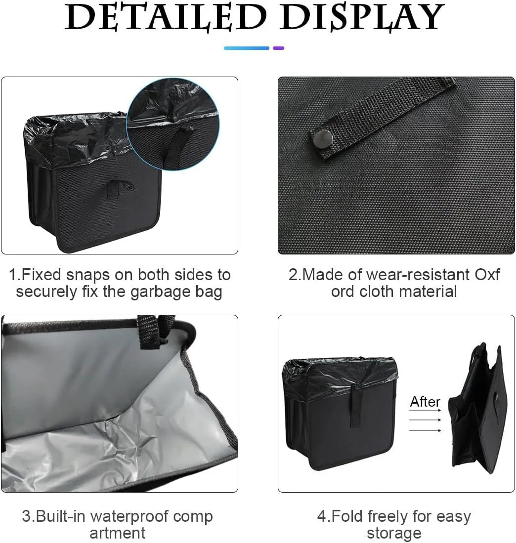Black folding car trash can made from waterproof Oxford cloth with hanging strap and 22x14.5x22cm dimensions