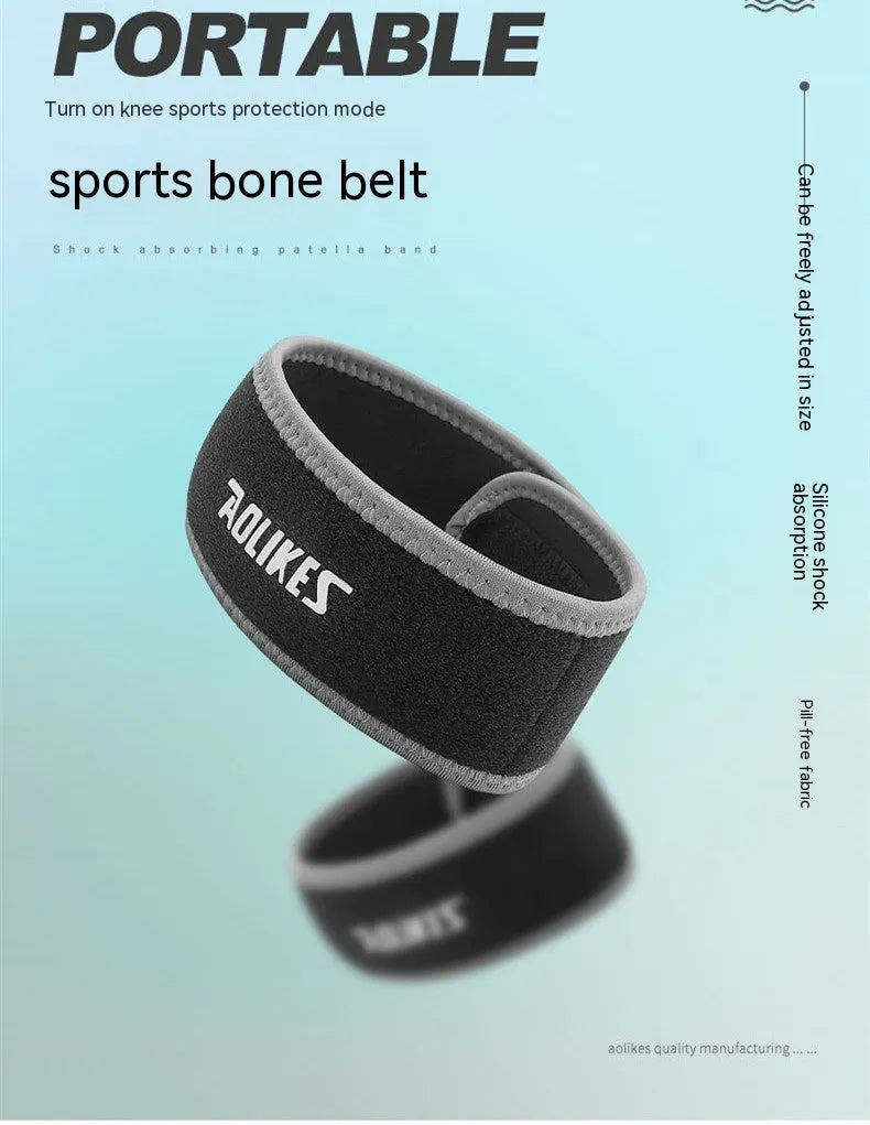 Black and grey patella retinaculum knee support for running and sports protection.
