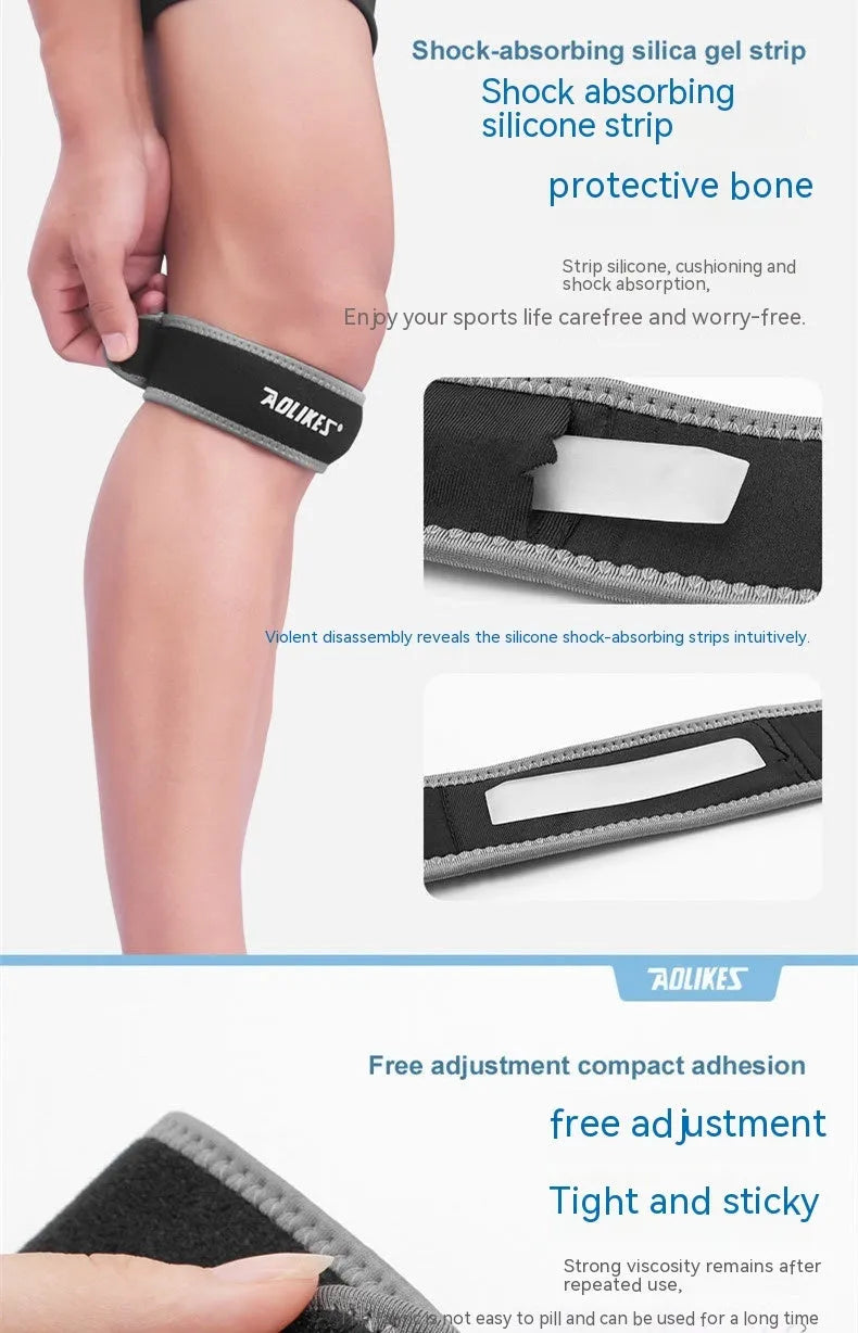 Black and grey patella retinaculum knee support for running and sports protection.