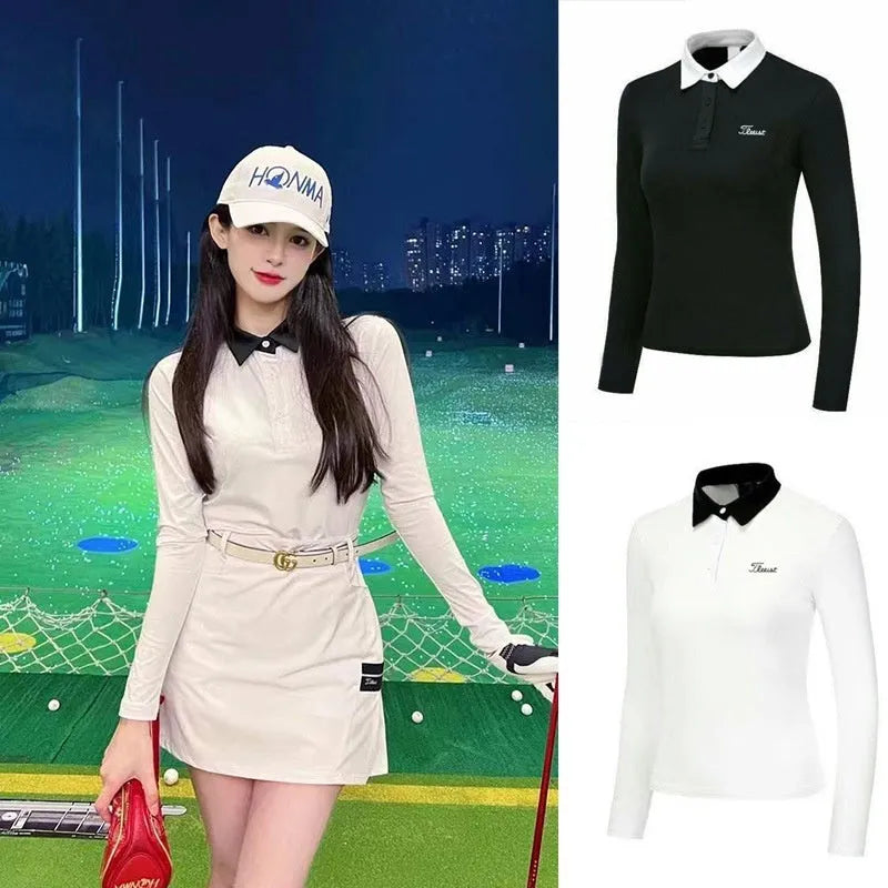 Women's slim-fit long sleeve golf top in black, made from breathable polyester fabric for sun protection.