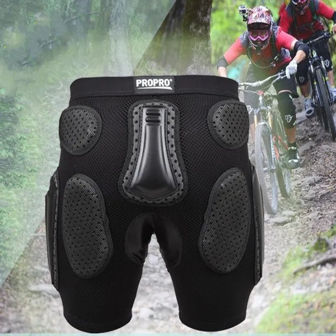 Black cycling hip protection pants showing adjustable sizing and hip padding for sports safety