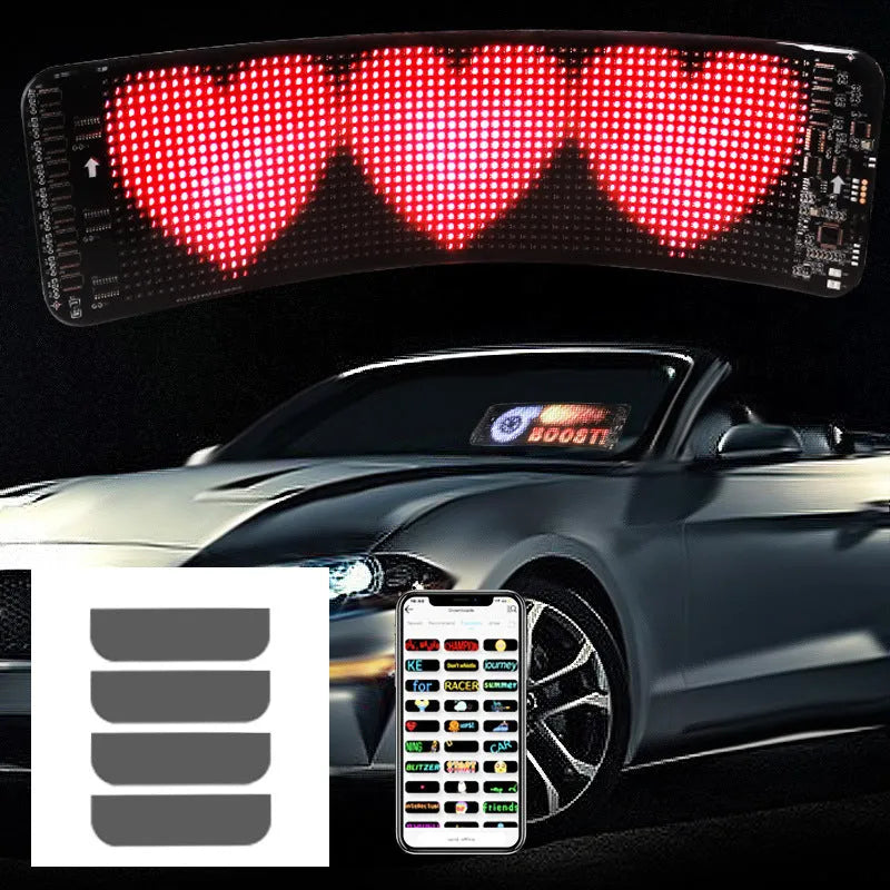 Flexible black Bluetooth LED screen for car rear windshield display, showing dimensions 49.2 x 110 cm.