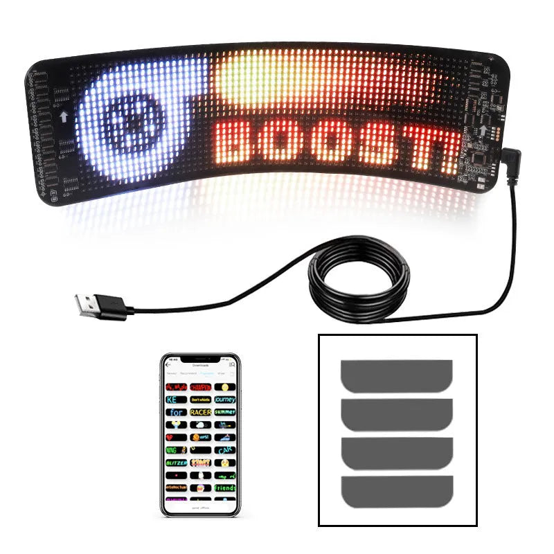 Flexible black Bluetooth LED screen for car rear windshield display, showing dimensions 49.2 x 110 cm.