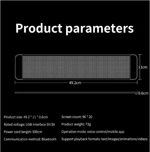 Flexible black Bluetooth LED screen for car rear windshield display, showing dimensions 49.2 x 110 cm.